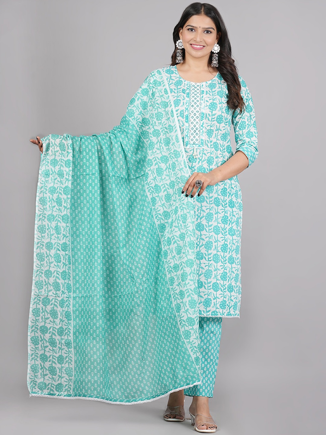 AARYAHI Floral Printed Regular Pure Cotton Kurta With Trousers & Dupatta, Turquoise blue
AARYAHI Floral Printed Regular Pure Cotton Kurta With Trousers & Dupatta, Turquoise blue
