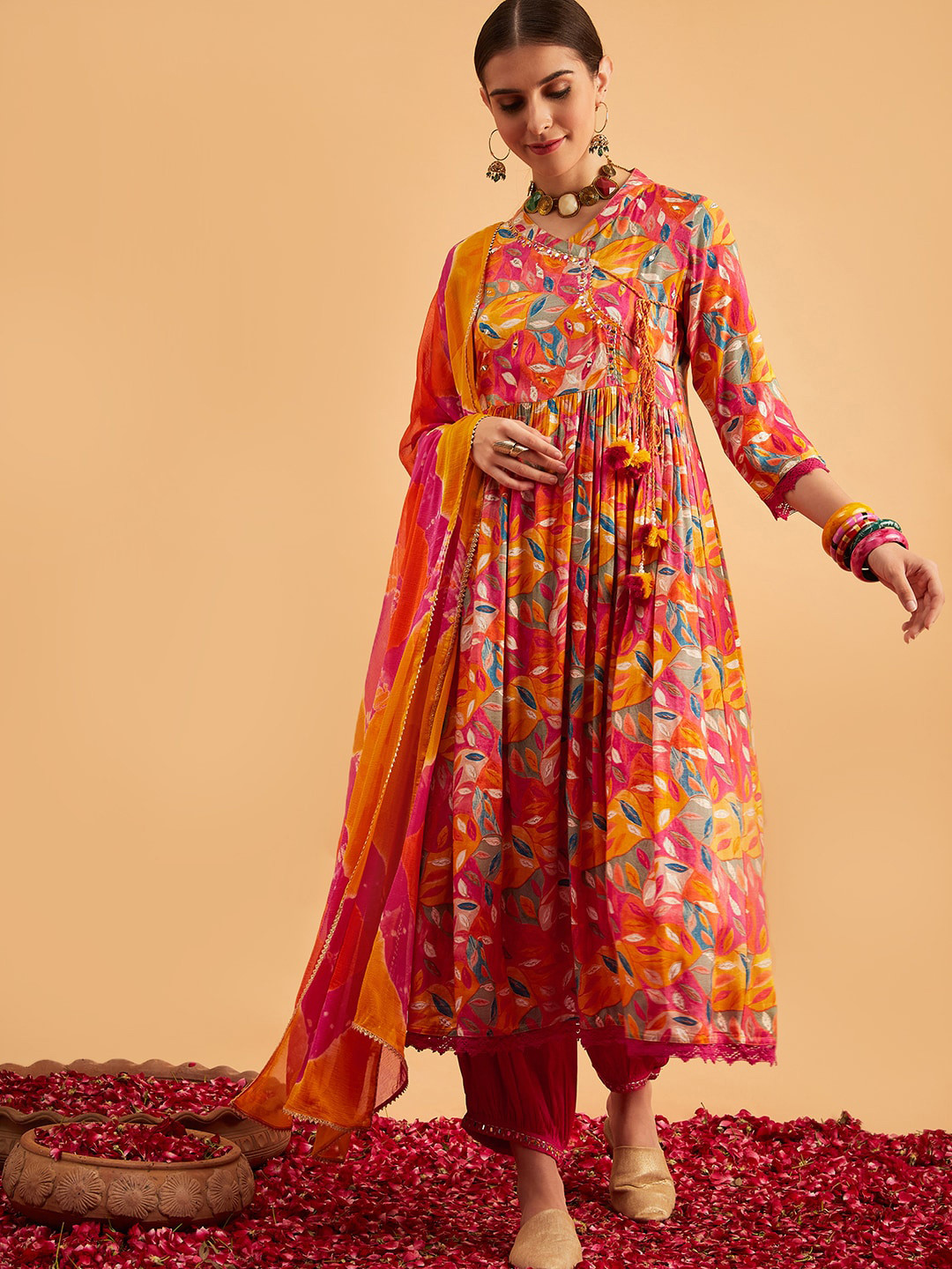 Sangria Floral Printed Anarkali Angrakha Mirror Work Kurta With Trouser & Dupatta, Orange
Sangria Floral Printed Anarkali Angrakha Mirror Work Kurta With Trouser & Dupatta, Orange