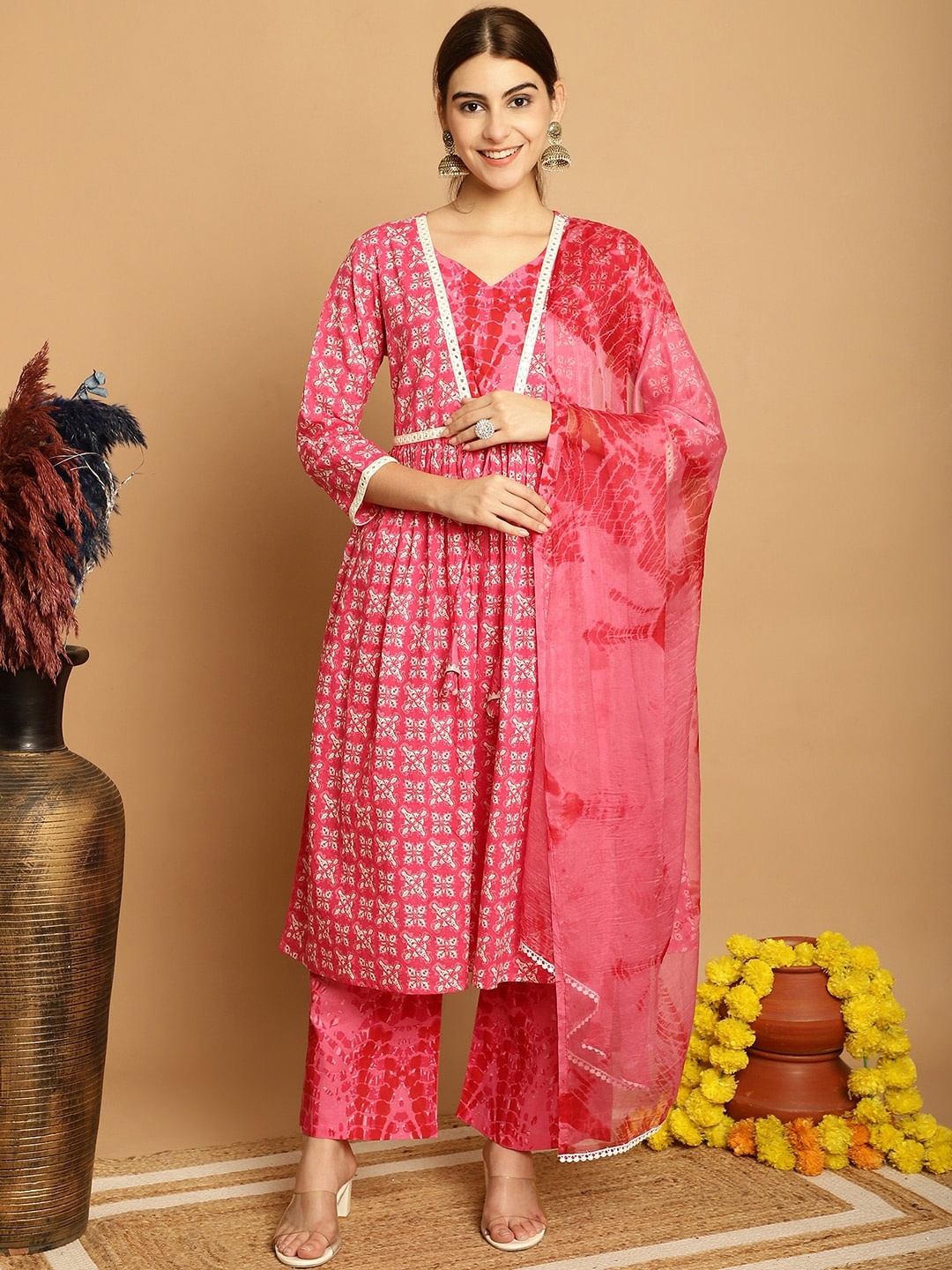KALINI Ethnic Motif Printed Regular Pure Cotton Anarkali Kurta & Palazzos With Dupatta, Pink