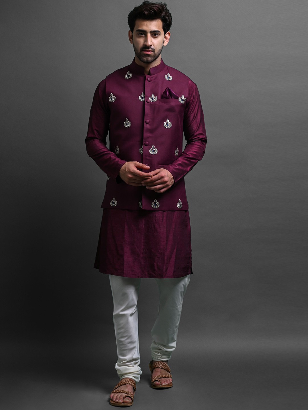 VESHAM Ethnic Motifs Embroidered Kurta & Churidar With Jacket, Burgundy