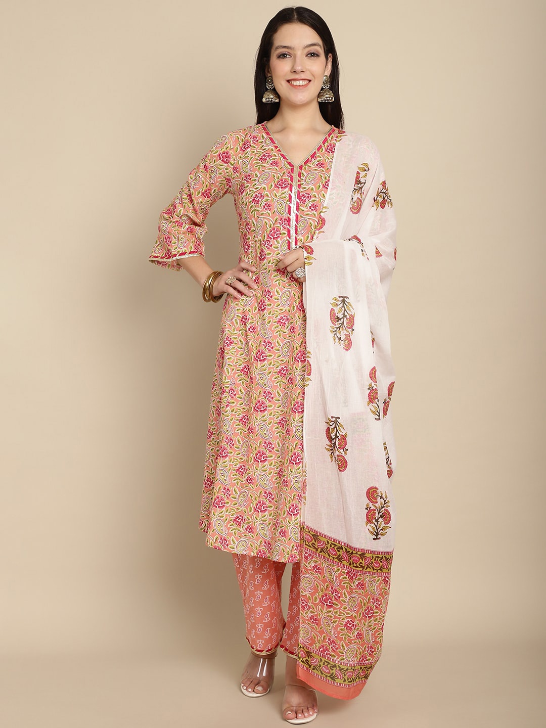 KALINI Floral Printed Pure Cotton Gotta Patti A-Line Kurta With Palazzos & Dupatta, Peach
KALINI Floral Printed Pure Cotton Gotta Patti A-Line Kurta With Palazzos & Dupatta, Peach