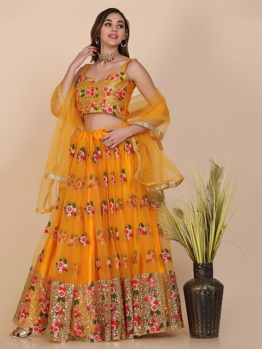 KALINI Embroidered Thread Work Semi-Stitched Lehenga & Unstitched Blouse With Dupatta, Yellow
KALINI Embroidered Thread Work Semi-Stitched Lehenga & Unstitched Blouse With Dupatta, Yellow