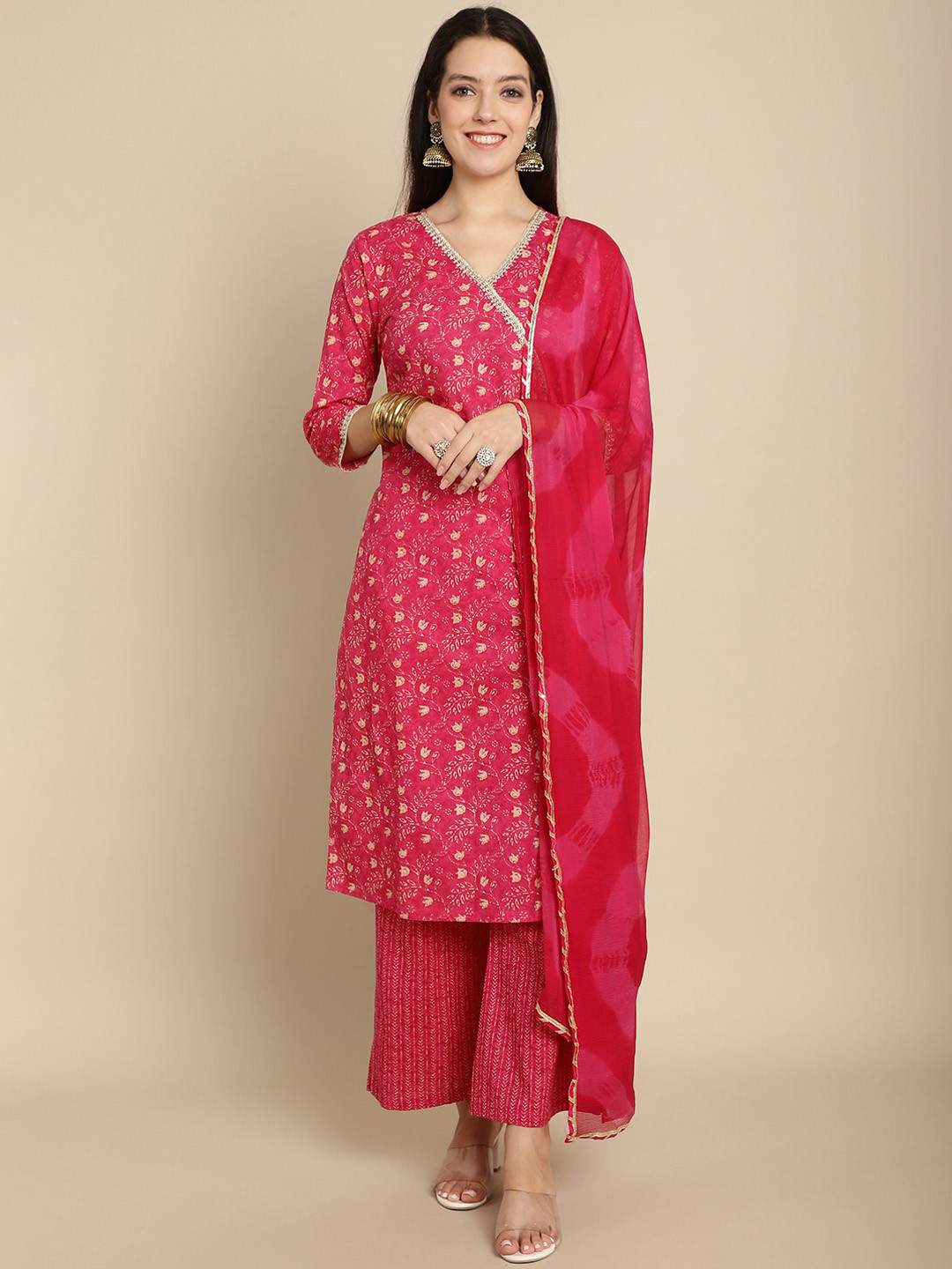 KALINI Floral Printed Angrakha V-Neck Pure Cotton Kurta with Palazzos & Dupatta, Magenta
KALINI Floral Printed Angrakha V-Neck Pure Cotton Kurta with Palazzos & Dupatta, Magenta