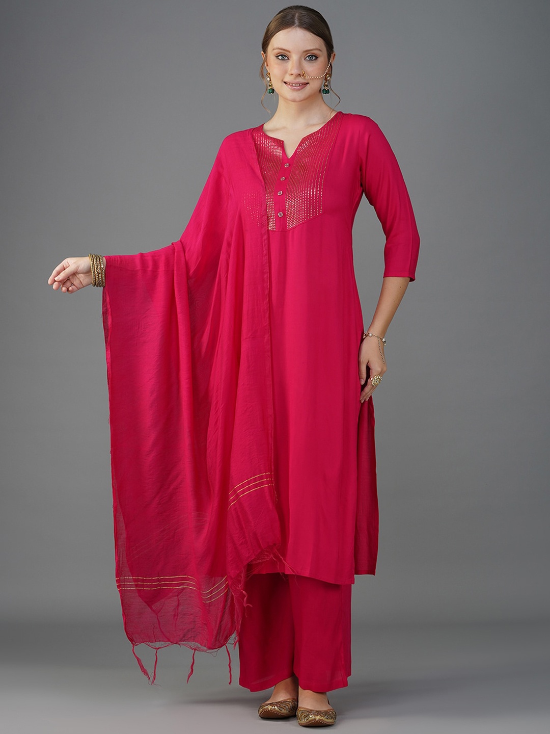 METRO-FASHION Striped Yoke Design Beads and Stones Kurta With Trousers & Dupatta, Pink
METRO-FASHION Striped Yoke Design Beads and Stones Kurta With Trousers & Dupatta, Pink