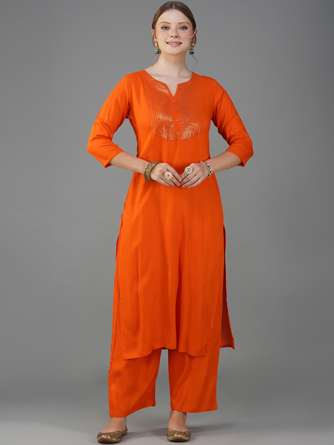 METRO-FASHION Sequinned Kurta & Trousers With Dupatta, Orange