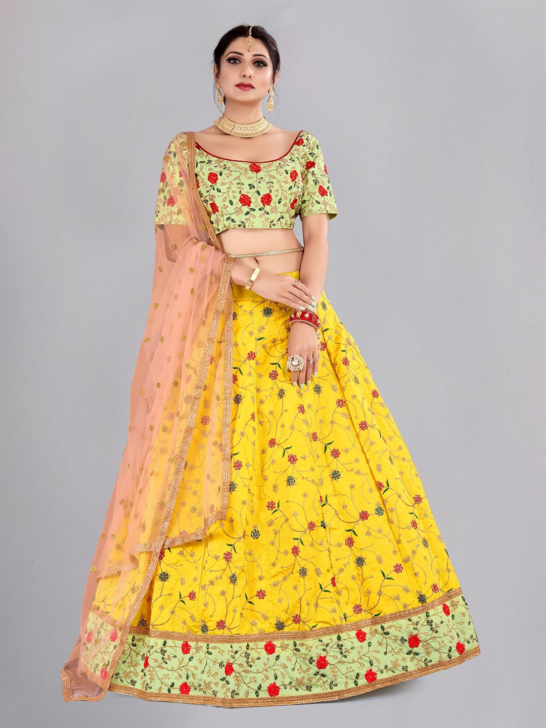 KALINI Embroidered Thread Work Ready to Wear Lehenga & Unstitched Blouse With Dupatta, Yellow
KALINI Embroidered Thread Work Ready to Wear Lehenga & Unstitched Blouse With Dupatta, Yellow