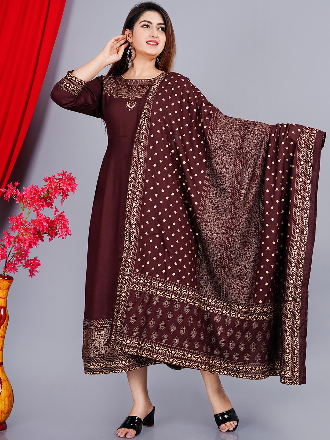 KALINI Ethnic Motifs Printed Fit & Flare Midi Ethnic Dress With Dupatta, Coffee brown
KALINI Ethnic Motifs Printed Fit & Flare Midi Ethnic Dress With Dupatta, Coffee brown