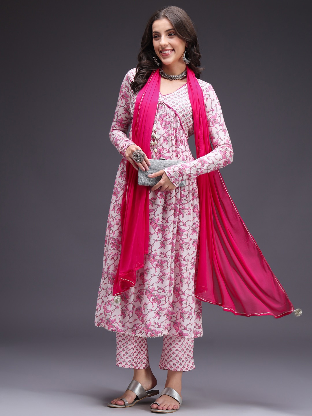 HEEPOSH Floral Printed V-Neck Gotta Patti Empire A-Line Kurta & Trousers With Dupatta, Pink
HEEPOSH Floral Printed V-Neck Gotta Patti Empire A-Line Kurta & Trousers With Dupatta, Pink