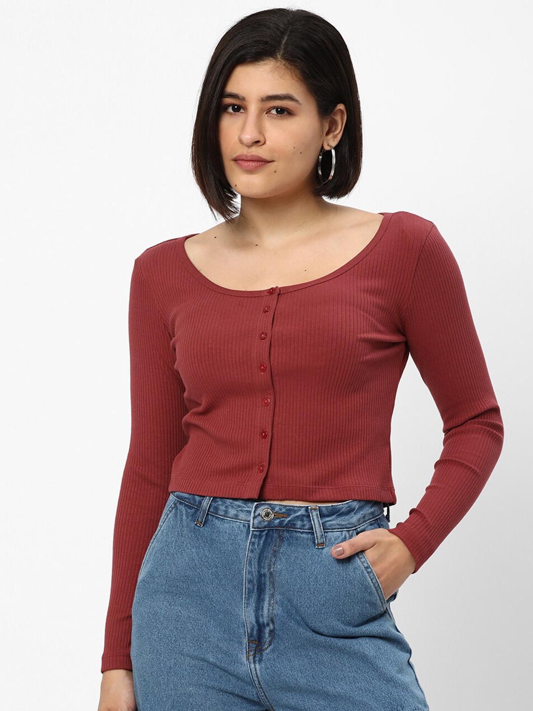 R&B Round Neck Fitted Top, Burgundy