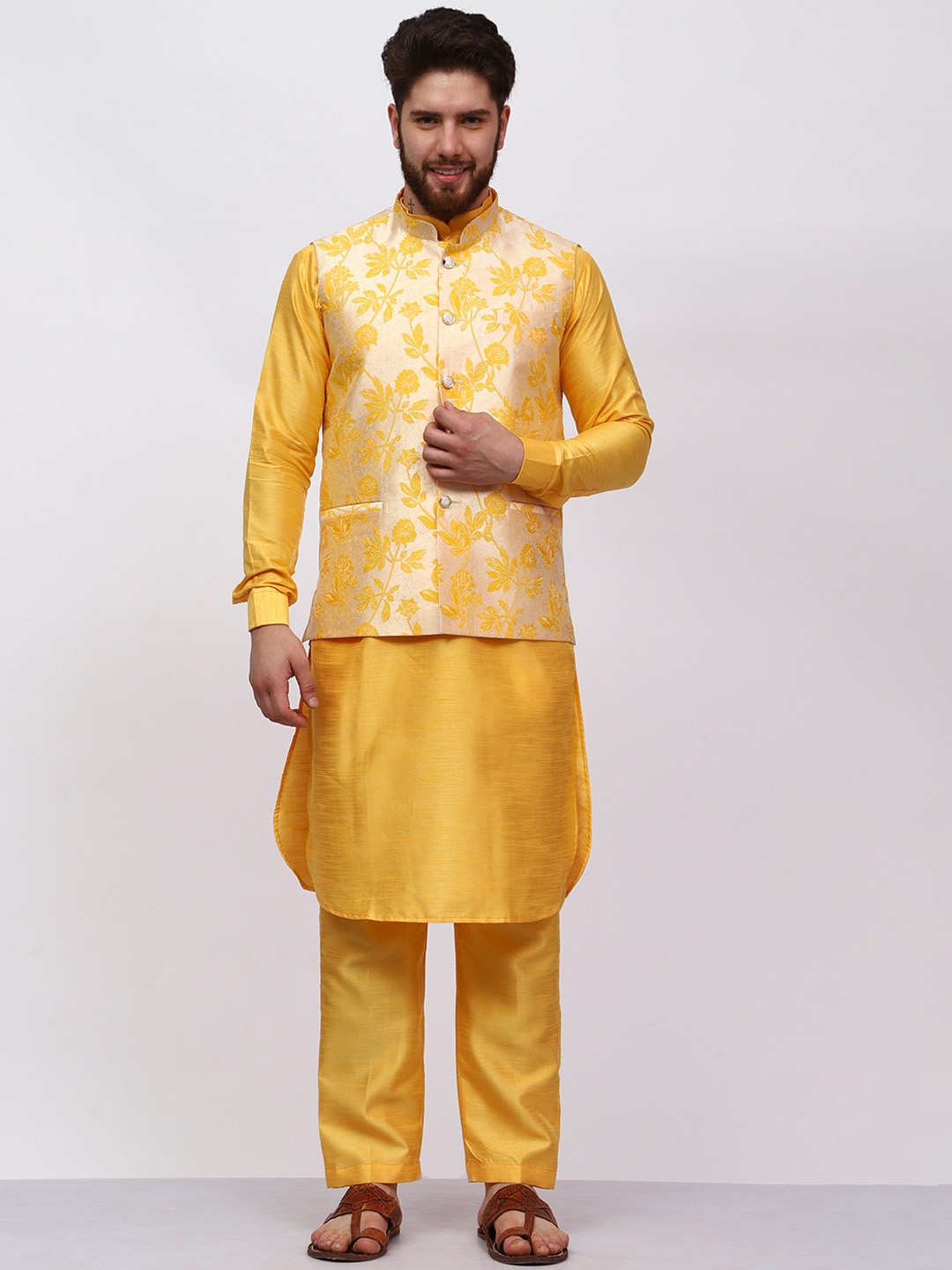 MAG Mandarin Collar Regular Dupion Silk Straight Kurta & Trousers With Nehru jacket, Mustard
MAG Mandarin Collar Regular Dupion Silk Straight Kurta & Trousers With Nehru jacket, Mustard