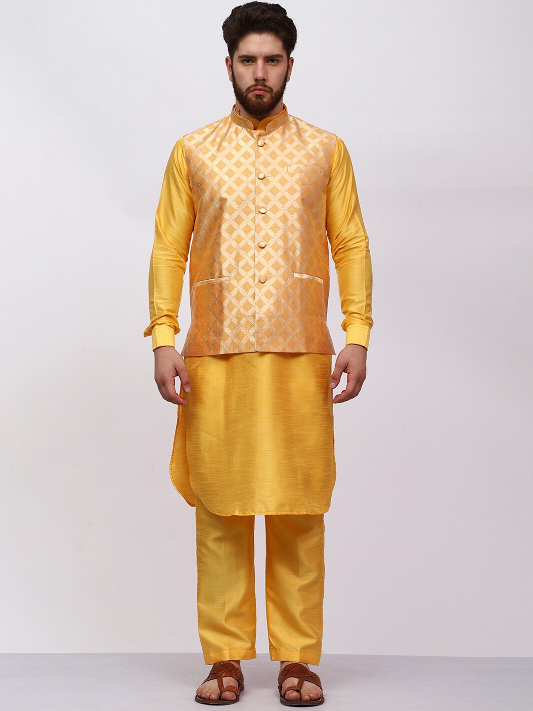 MAG Mandarin Collar Regular Dupion Silk Straight Kurta & Trousers With Nehru jacket, Mustard
MAG Mandarin Collar Regular Dupion Silk Straight Kurta & Trousers With Nehru jacket, Mustard