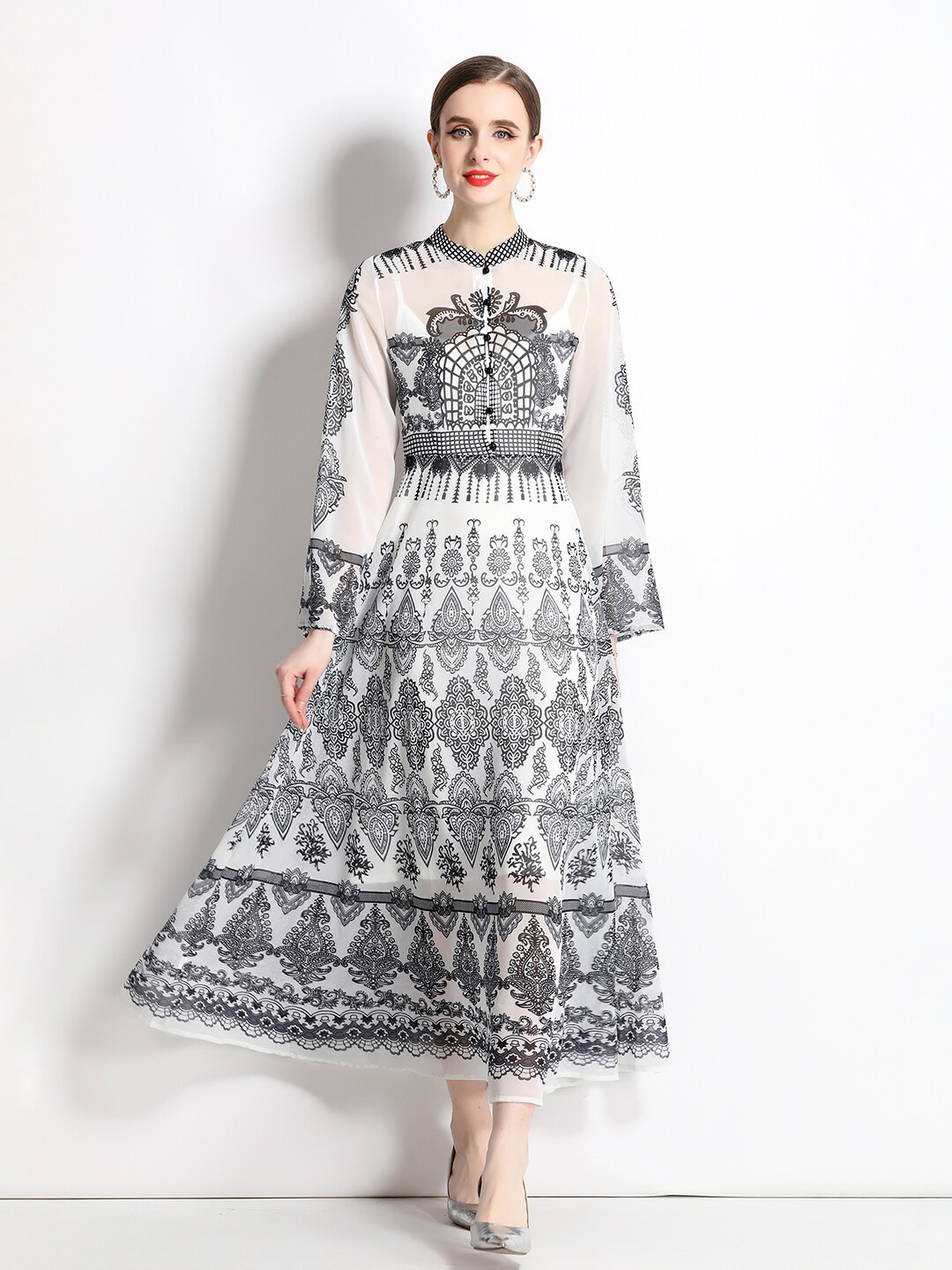 JC Collection Ethnic Motifs Printed Mandarin Collar Bell Sleeve Maxi Dress, Black
JC Collection Ethnic Motifs Printed Mandarin Collar Bell Sleeve Maxi Dress, Black