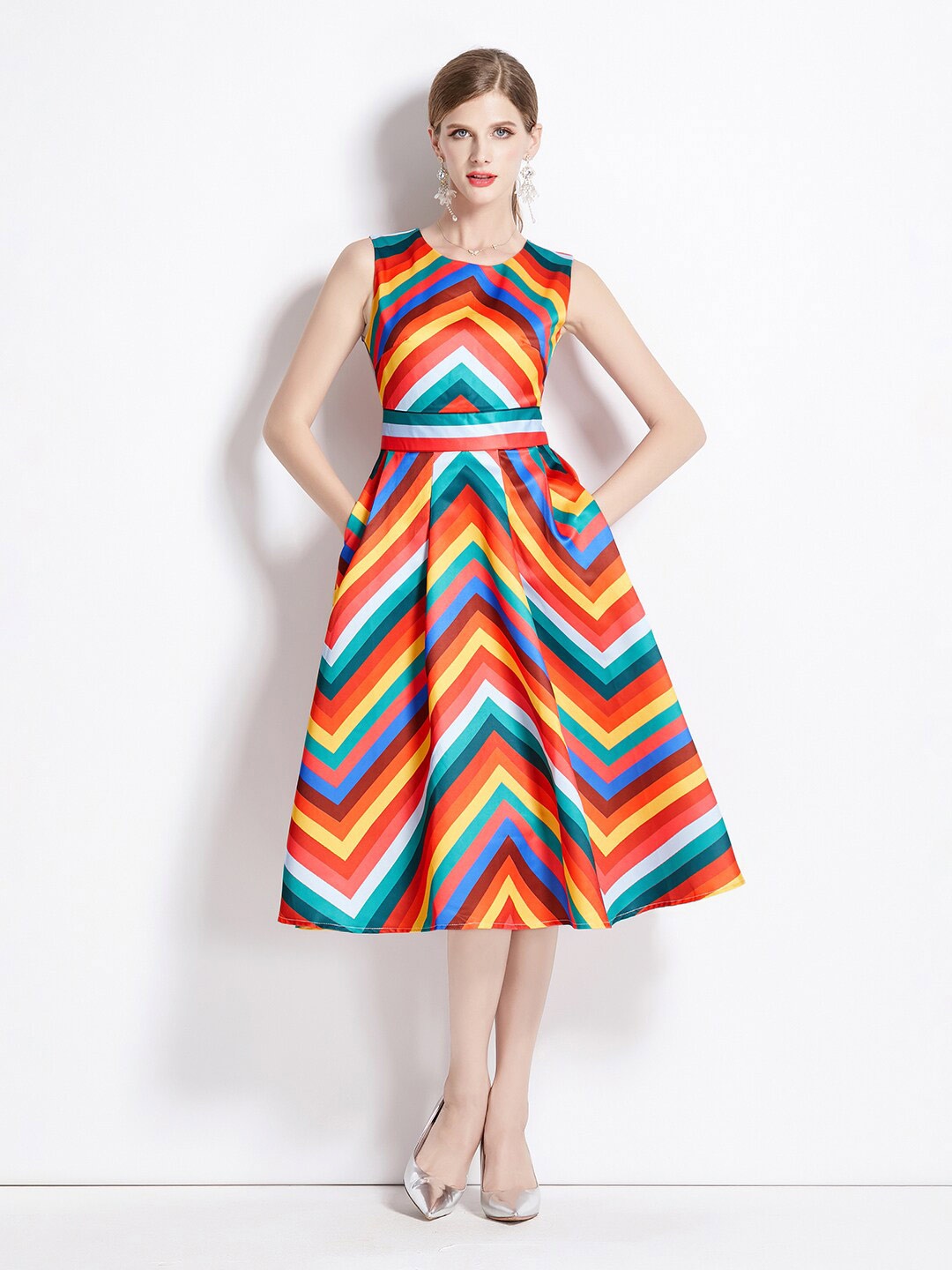 JC Collection Striped Fit & Flare Midi Dress, Red