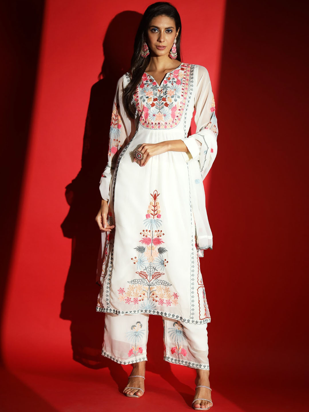 KALINI Floral Embroidered Kurta With Palazzos & Dupatta, White
KALINI Floral Embroidered Kurta With Palazzos & Dupatta, White
