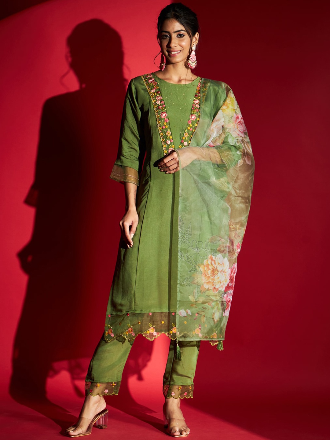 KALINI Floral Yoke Design Thread Work Chanderi Silk Kurta With Trousers & Dupatta, Green
KALINI Floral Yoke Design Thread Work Chanderi Silk Kurta With Trousers & Dupatta, Green