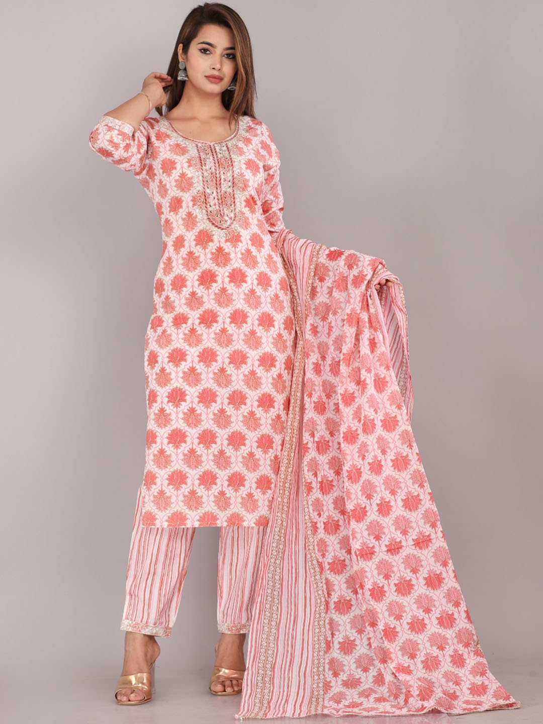 HIGHLIGHT FASHION EXPORT Printed Thread Work Pure Cotton Kurta With Trousers & Dupatta, Peach
HIGHLIGHT FASHION EXPORT Printed Thread Work Pure Cotton Kurta With Trousers & Dupatta, Peach