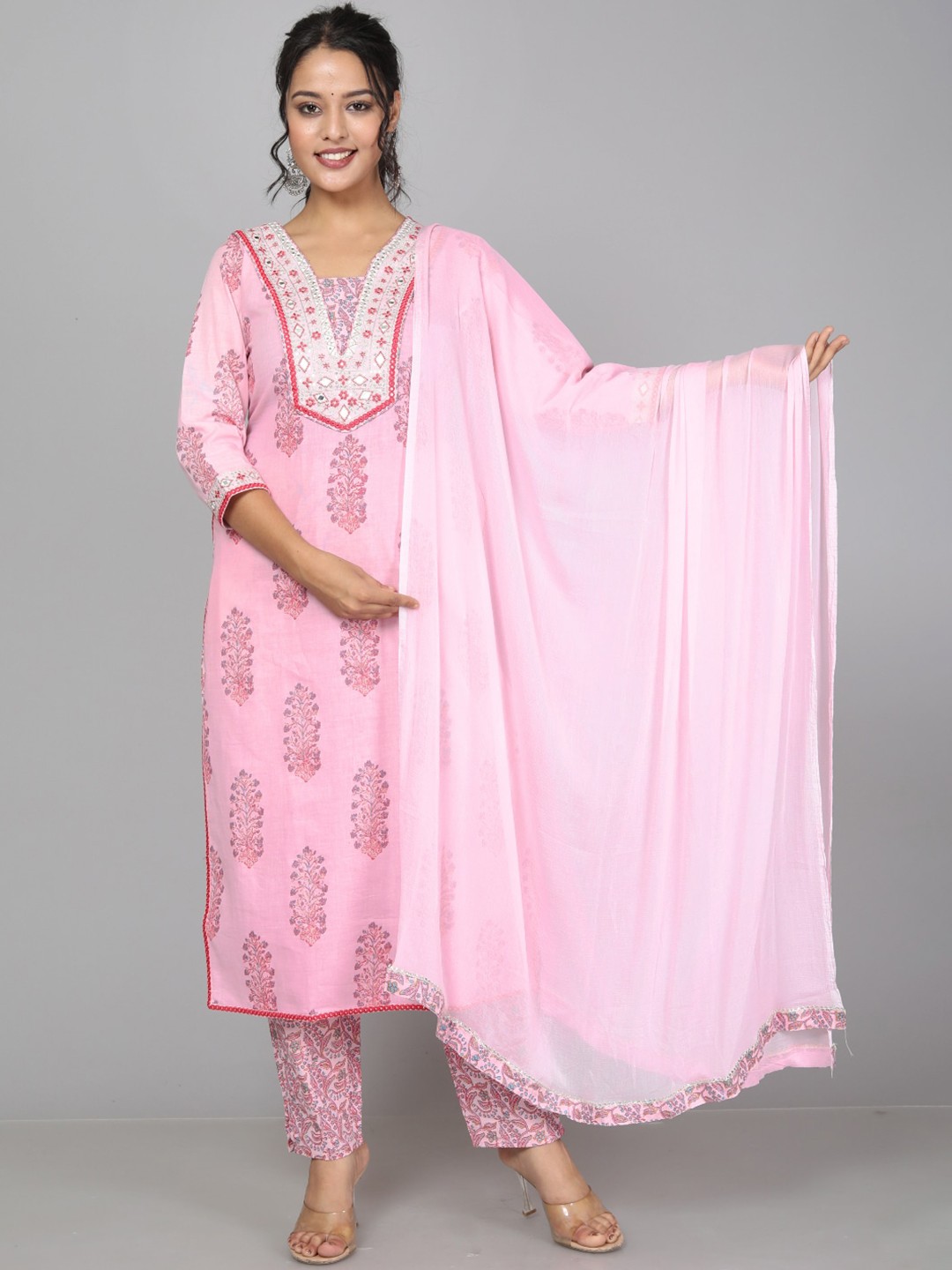 HIGHLIGHT FASHION EXPORT Ethnic Printed Thread Work Cotton Kurta With Trousers & Dupatta, Pink
HIGHLIGHT FASHION EXPORT Ethnic Printed Thread Work Cotton Kurta With Trousers & Dupatta, Pink