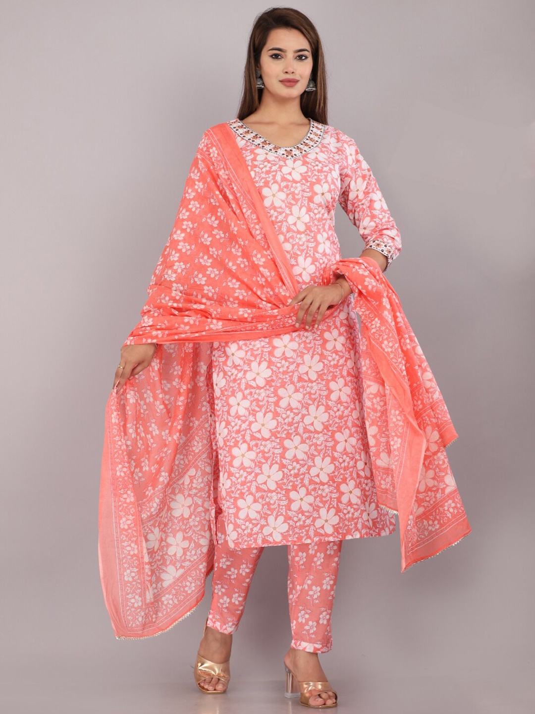 HIGHLIGHT FASHION EXPORT Printed Thread Work Pure Cotton Kurta With Trousers & Dupatta, Peach
HIGHLIGHT FASHION EXPORT Printed Thread Work Pure Cotton Kurta With Trousers & Dupatta, Peach