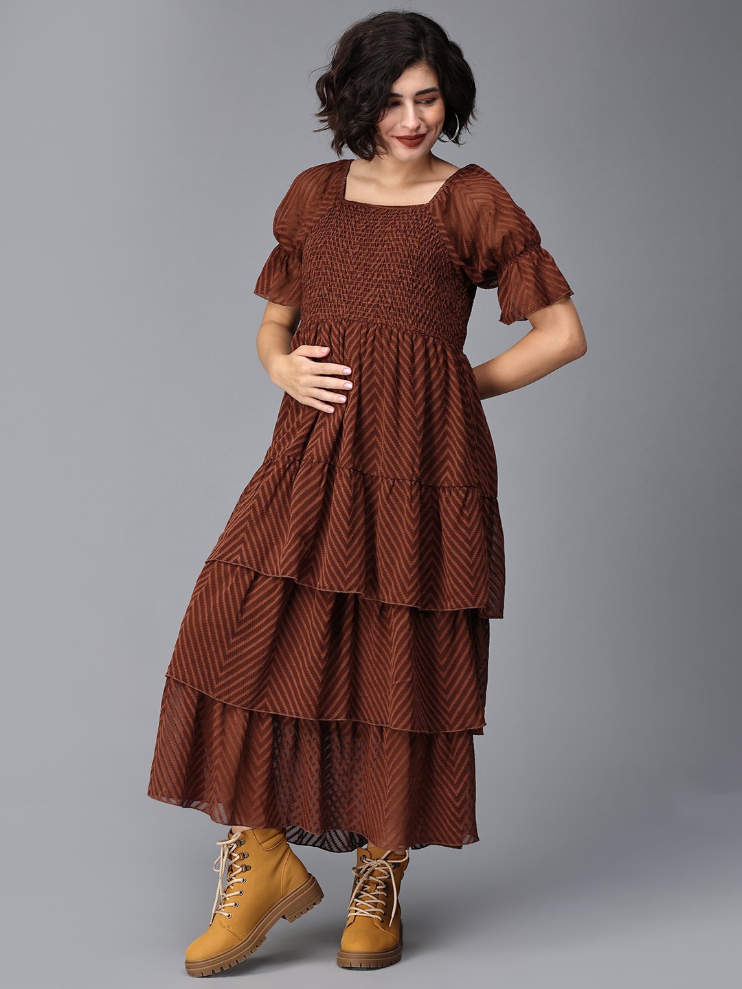 The Mom Store Geometric Self Design Tiered Smocked Georgette Maternity A Line Midi Dress, Brown
The Mom Store Geometric Self Design Tiered Smocked Georgette Maternity A Line Midi Dress, Brown