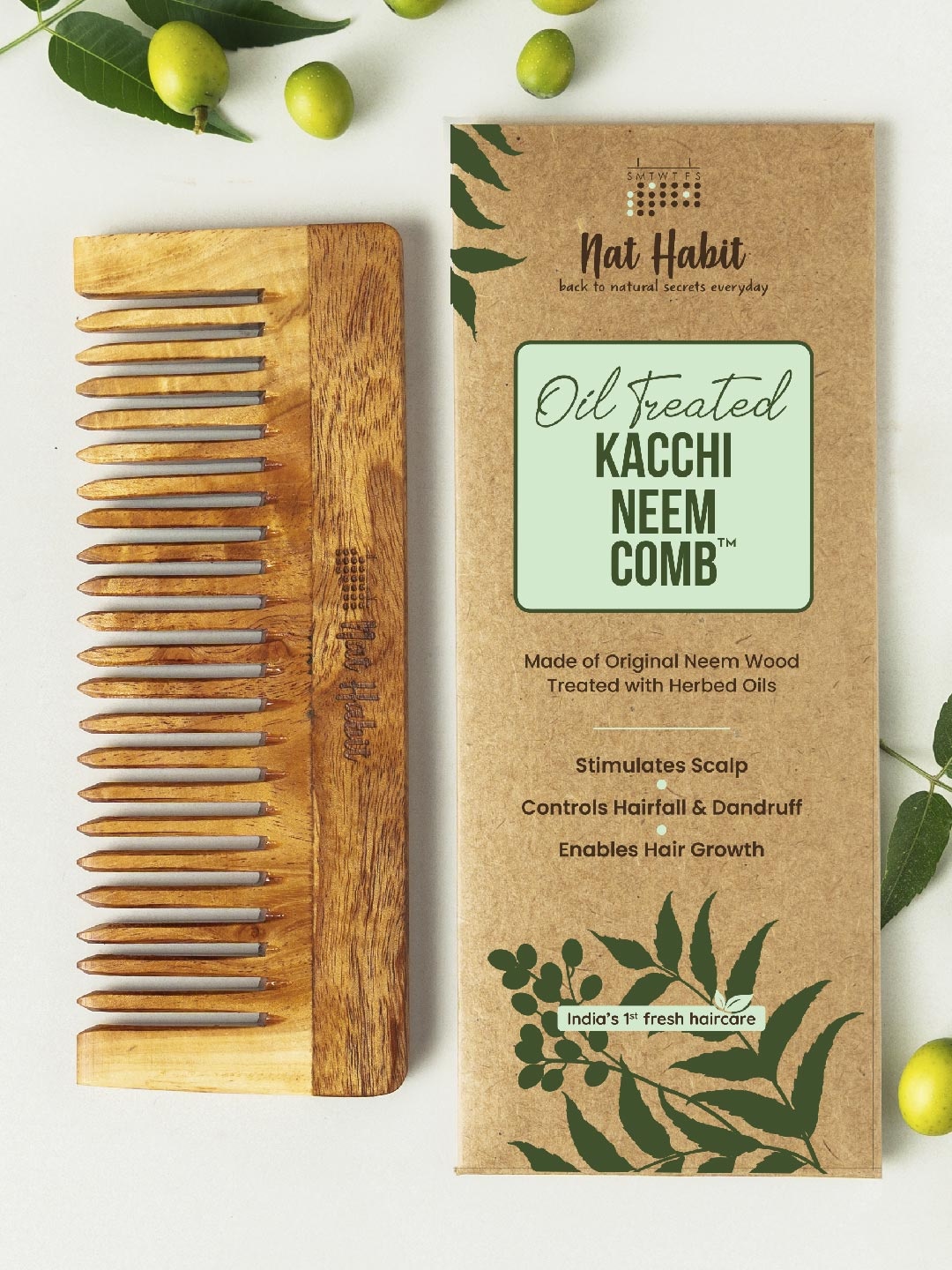 Nat Habit Kacchi Neem Large Wide Wooden Tooth Comb - Soaked in 17 Herbs & Oils - Beige, Brown
Nat Habit Kacchi Neem Large Wide Wooden Tooth Comb - Soaked in 17 Herbs & Oils - Beige, Brown