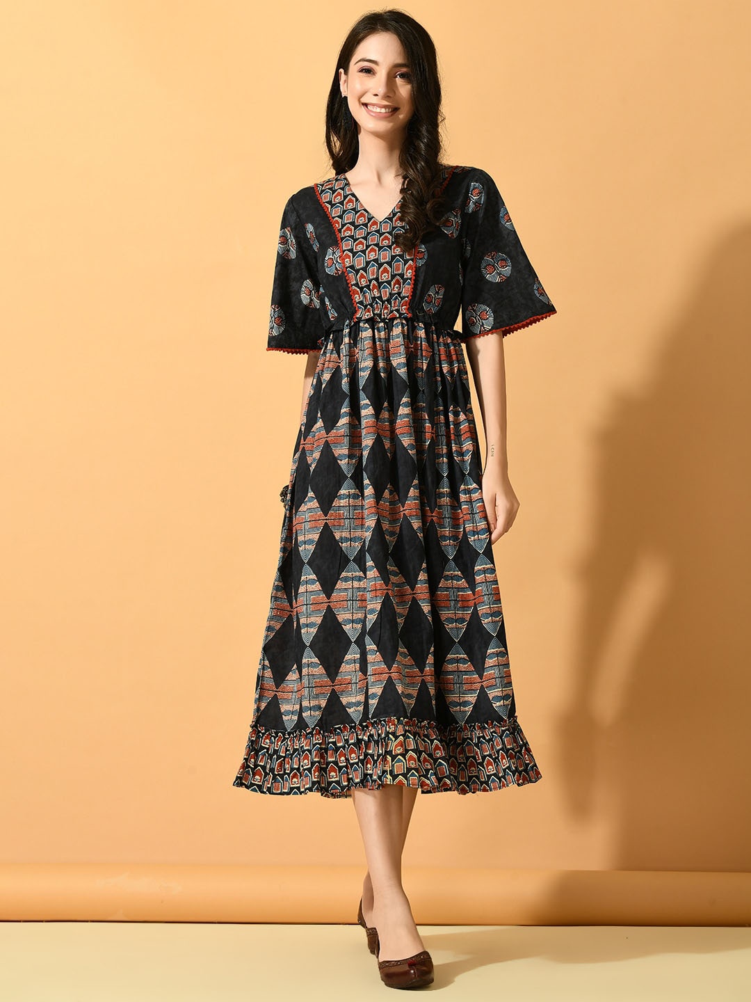 Sangria Ethnic Motifs Printed Flared Sleeve Lace Inserts Pleated Fit & Flare Midi Dress, Black
Sangria Ethnic Motifs Printed Flared Sleeve Lace Inserts Pleated Fit & Flare Midi Dress, Black