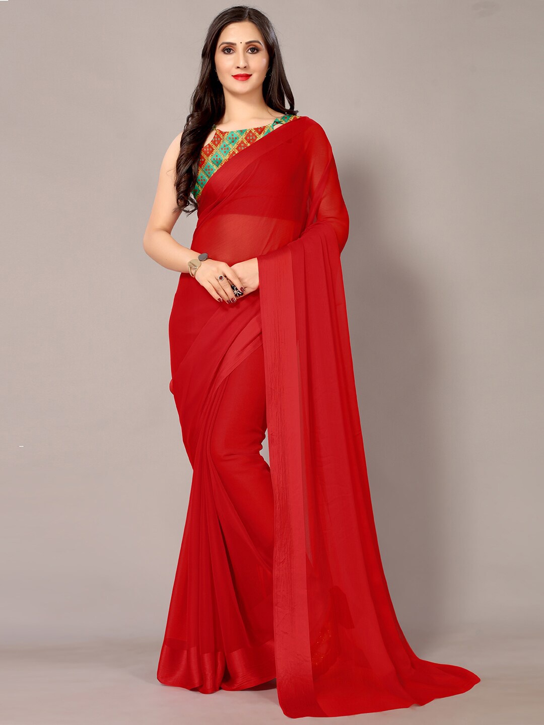 Shaily Pure Chiffon Saree, Red