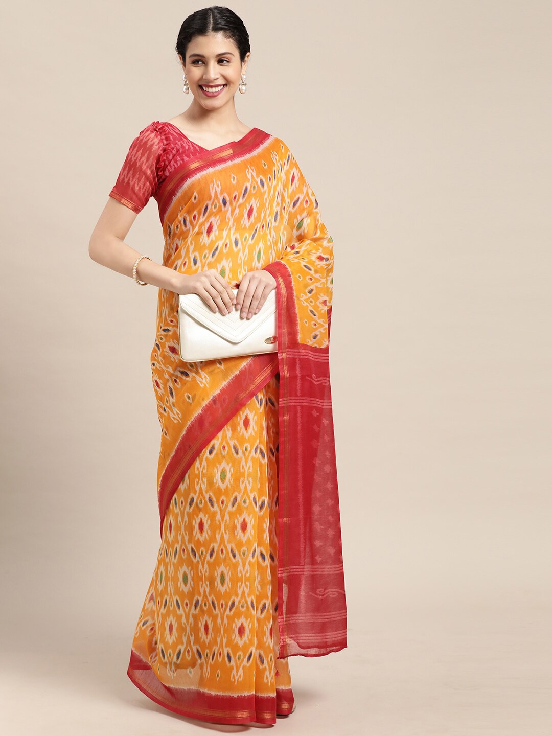 Shaily Ethnic Motifs Printed Ikat Saree, Yellow