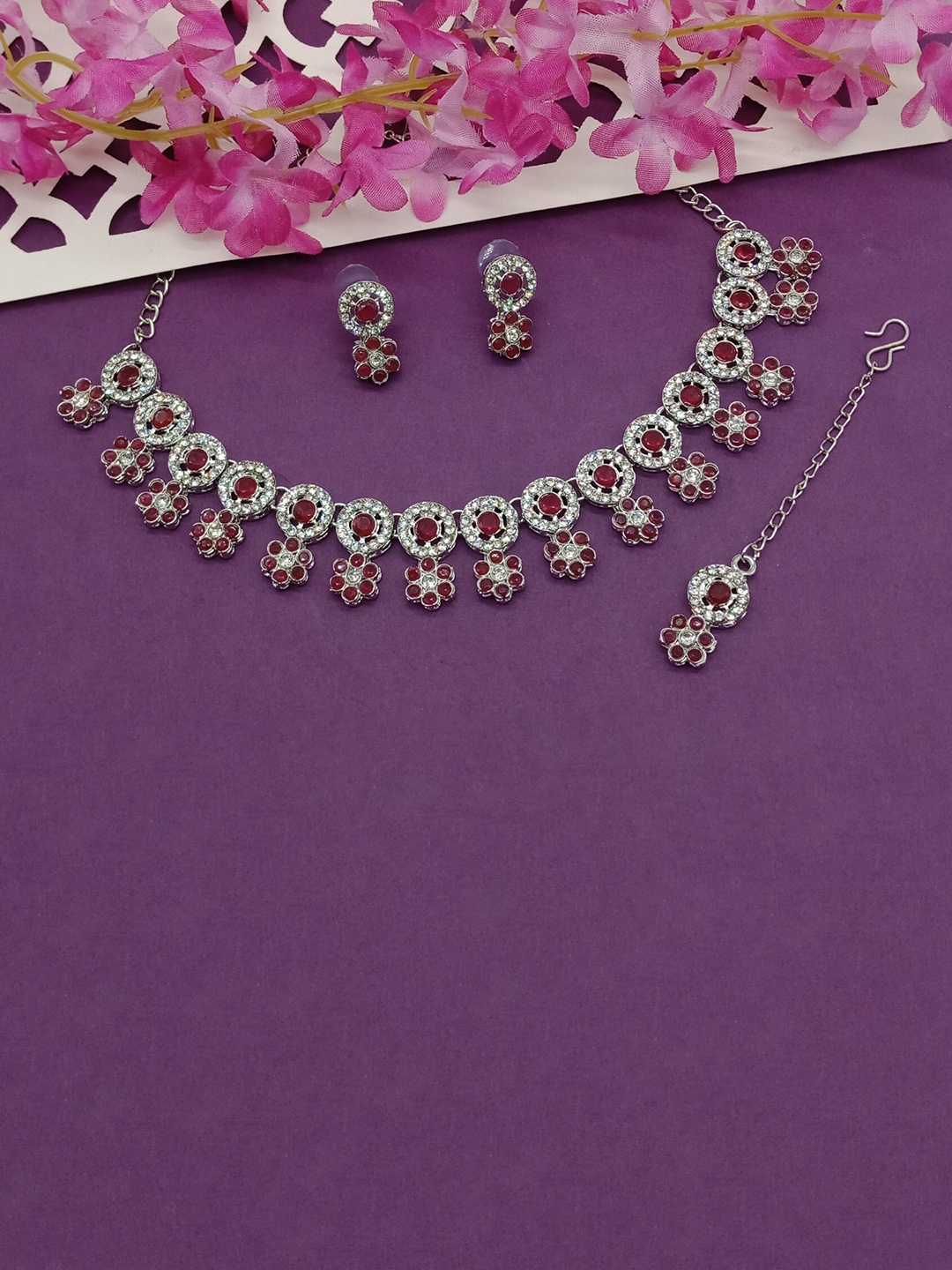 AASHISH IMITATION Rhodium-Plated Stones Studded Necklace With Earrings With Maang Tika, Silver
AASHISH IMITATION Rhodium-Plated Stones Studded Necklace With Earrings With Maang Tika, Silver
