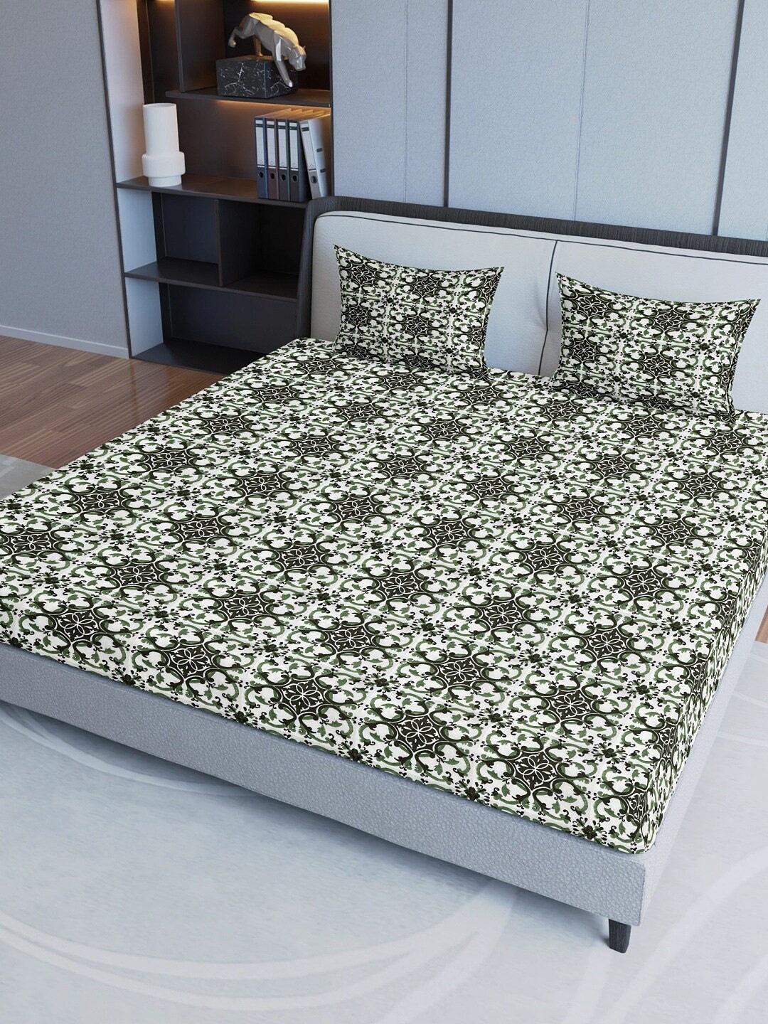 Sangria Grey Printed Pure Cotton 200 TC Fitted King Bedsheet With 2 Pillow Covers, Green
Sangria Grey Printed Pure Cotton 200 TC Fitted King Bedsheet With 2 Pillow Covers, Green