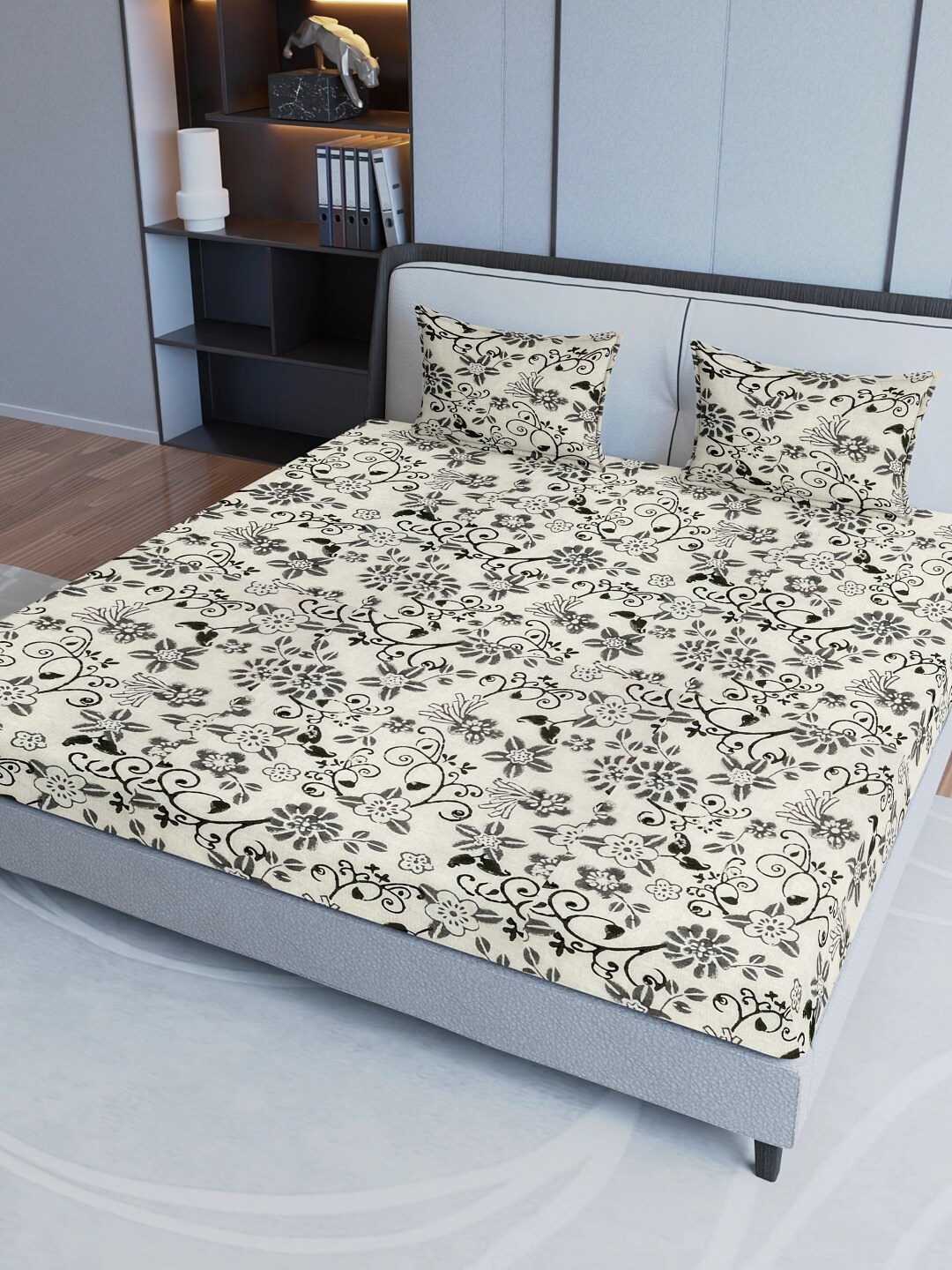 Sangria White & Grey Printed Cotton 200 TC Double Queen Bedsheet With 2 Pillow Covers
Sangria White & Grey Printed Cotton 200 TC Double Queen Bedsheet With 2 Pillow Covers