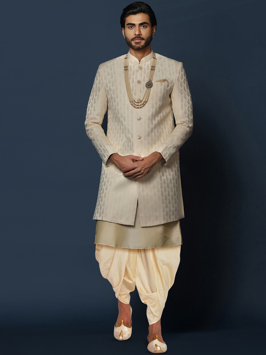 KISAH Self-Design Cotton Sherwani Dhoti Set, Peach