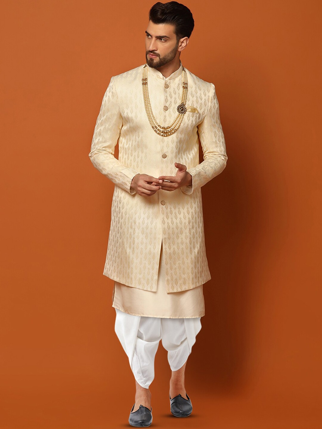 KISAH Woven Design Cotton Sherwani Dhoti Pants Set, Peach