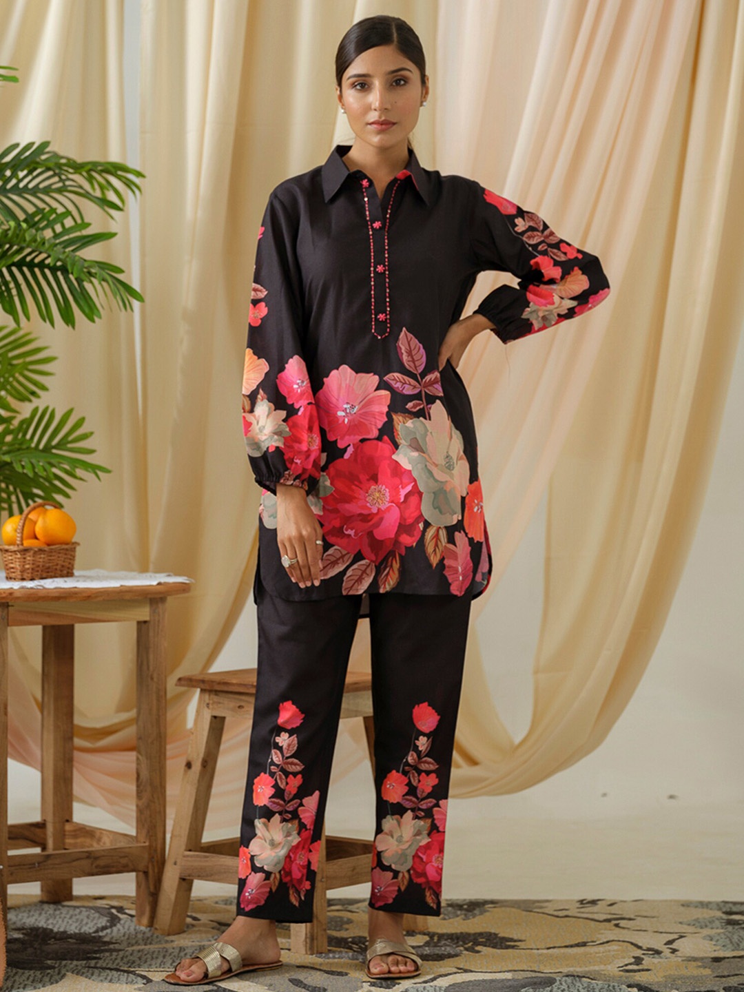 Indo Era Embroidered Shirt & Trousers Co-Ords, Black