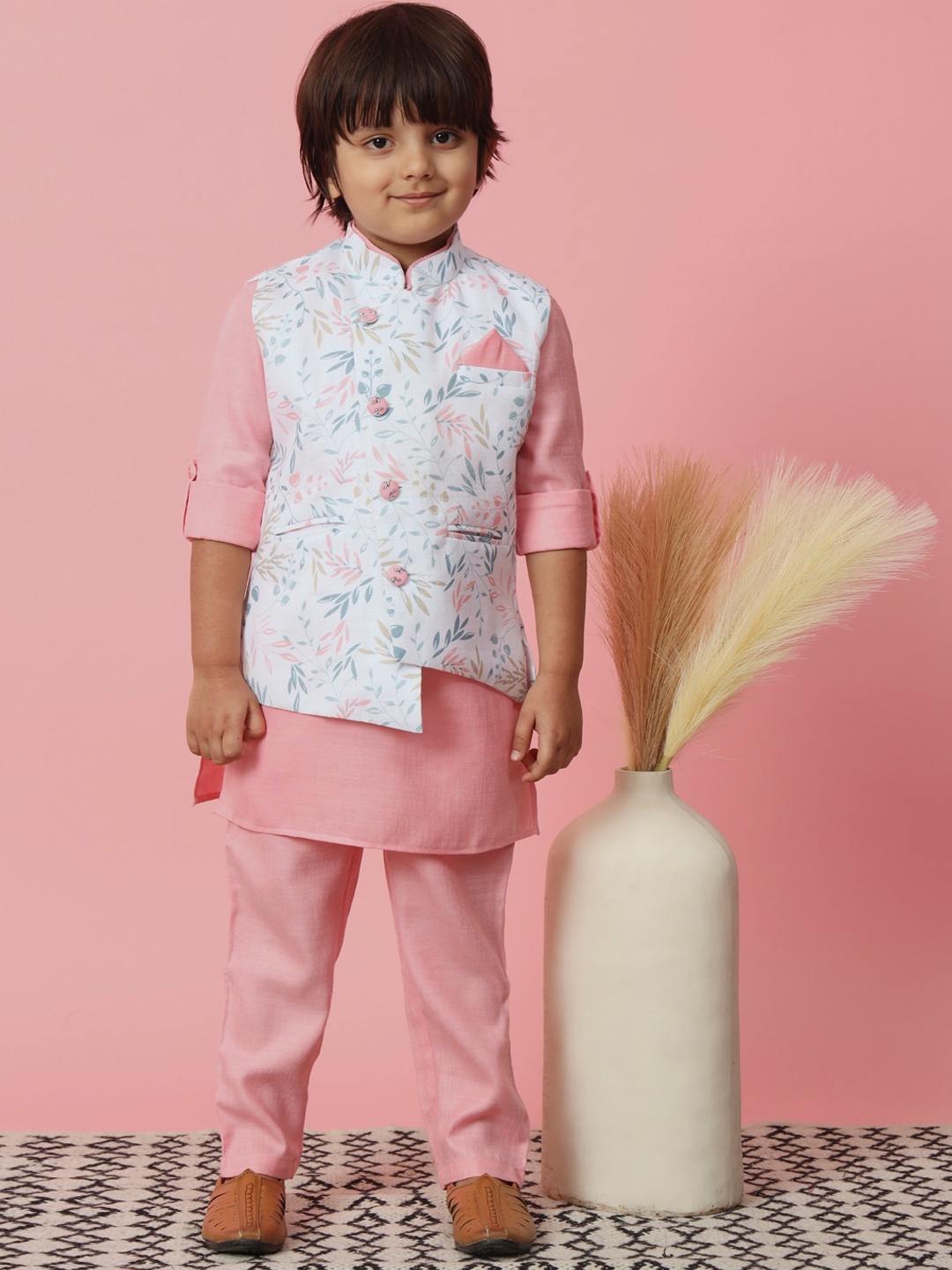 Readiprint Boys Mandarin Collar Roll-Up Sleeve Kurta With Trousers & Nehru Jacket, Pink
Readiprint Boys Mandarin Collar Roll-Up Sleeve Kurta With Trousers & Nehru Jacket, Pink