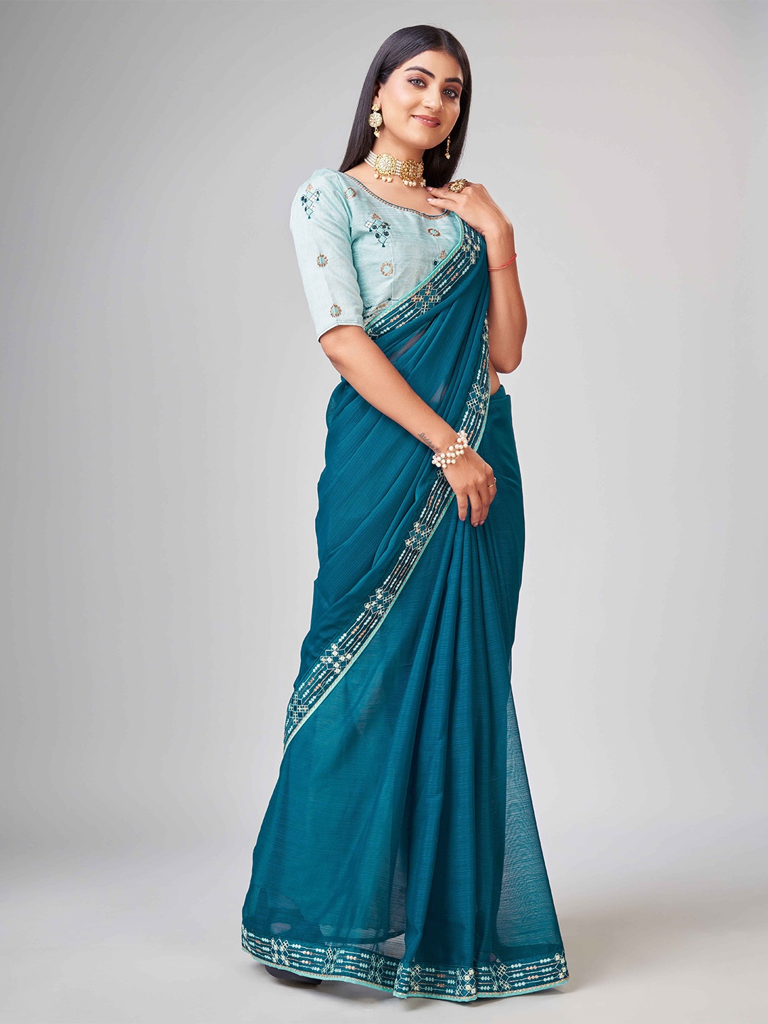 choiceit Sequinned Poly Georgette Mysore Silk Saree, Green