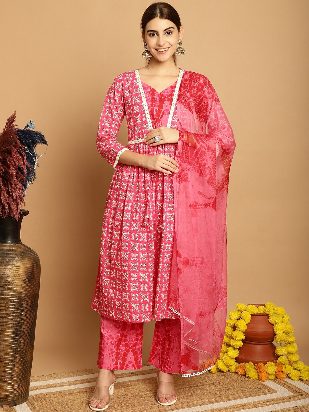 Kamayra Ethnic Motifs Printed V Neck Pure Cotton A-Line Kurta & Palazzos With Dupatta, Pink
Kamayra Ethnic Motifs Printed V Neck Pure Cotton A-Line Kurta & Palazzos With Dupatta, Pink