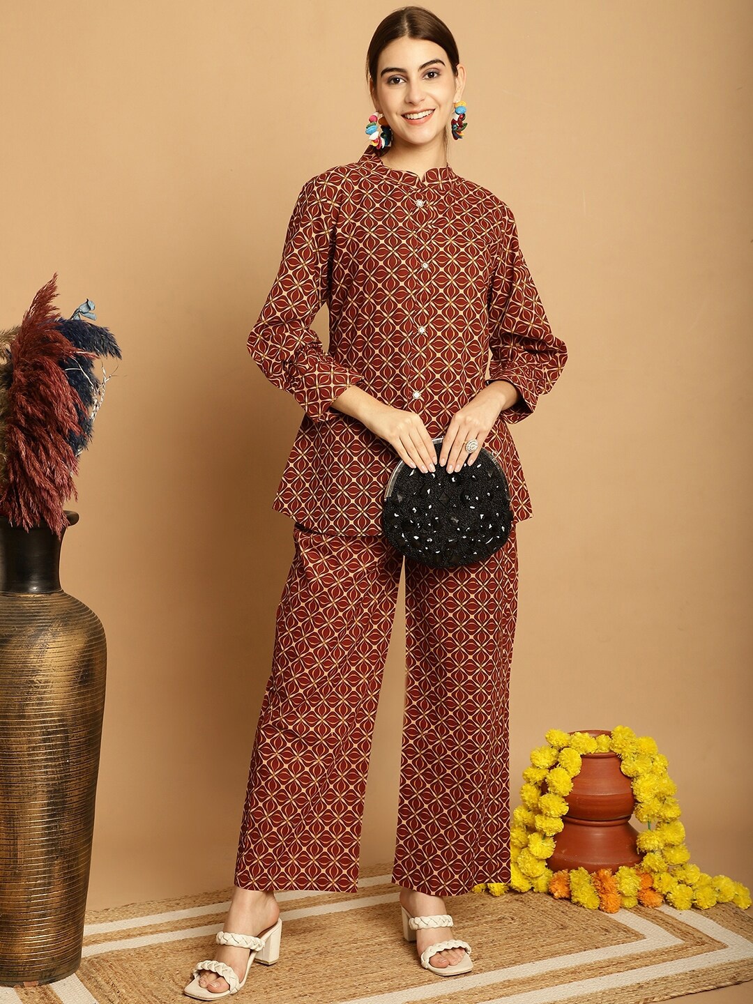 Kamayra Printed Mandarin Collar Pure Cotton Co-Ords Set, Brown