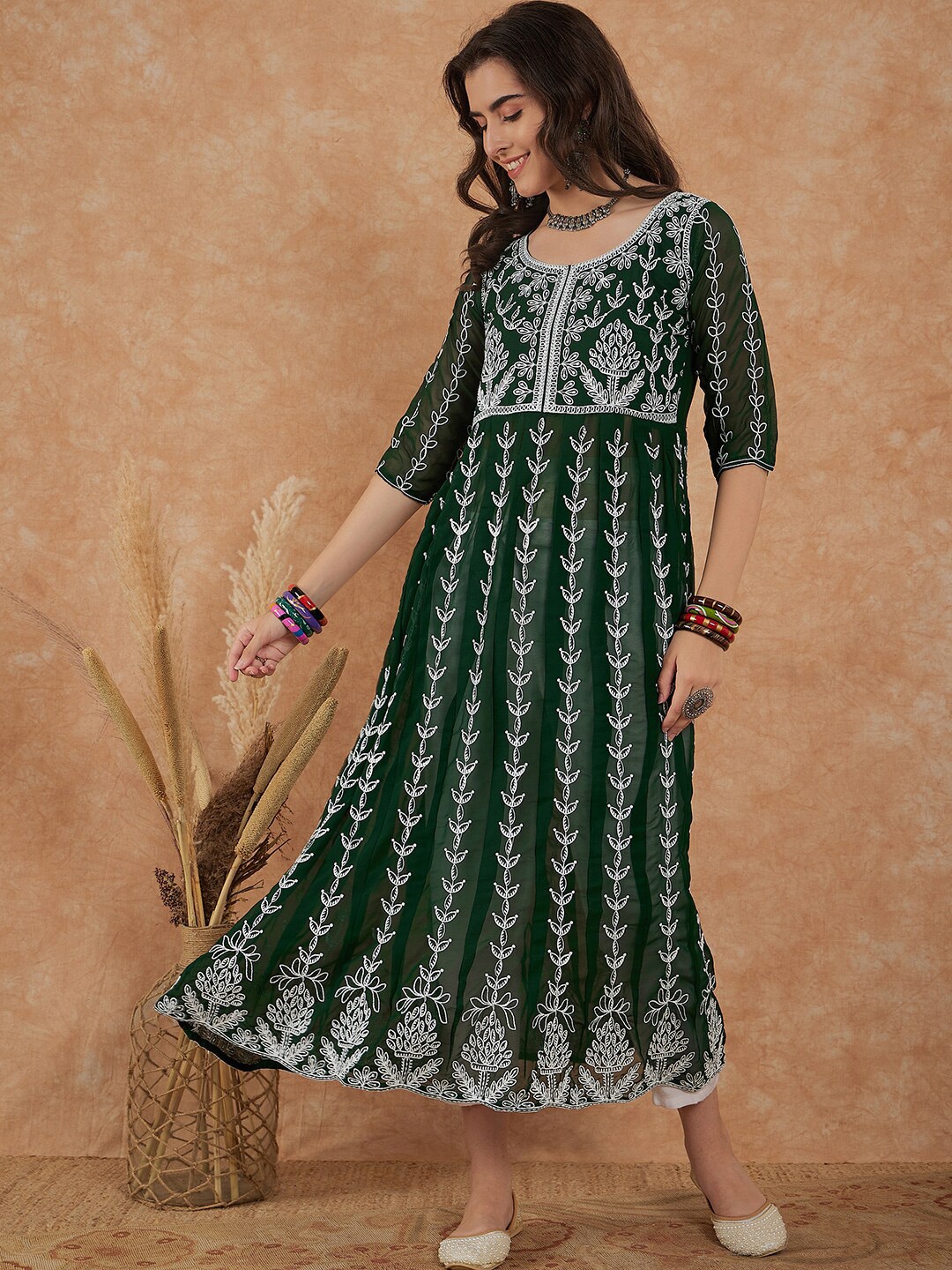 KALINI Embroidered Pure Georgette A-Line Kurta, Green