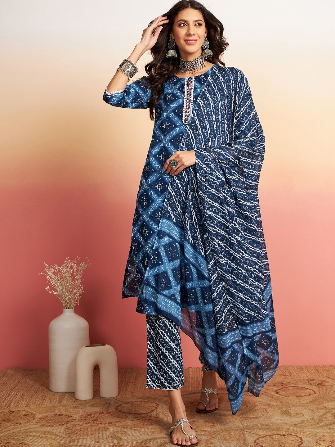 Vastramyaa Bandhani Printed Regular Pure Cotton Kurta with Trousers & With Dupatta, Blue
Vastramyaa Bandhani Printed Regular Pure Cotton Kurta with Trousers & With Dupatta, Blue