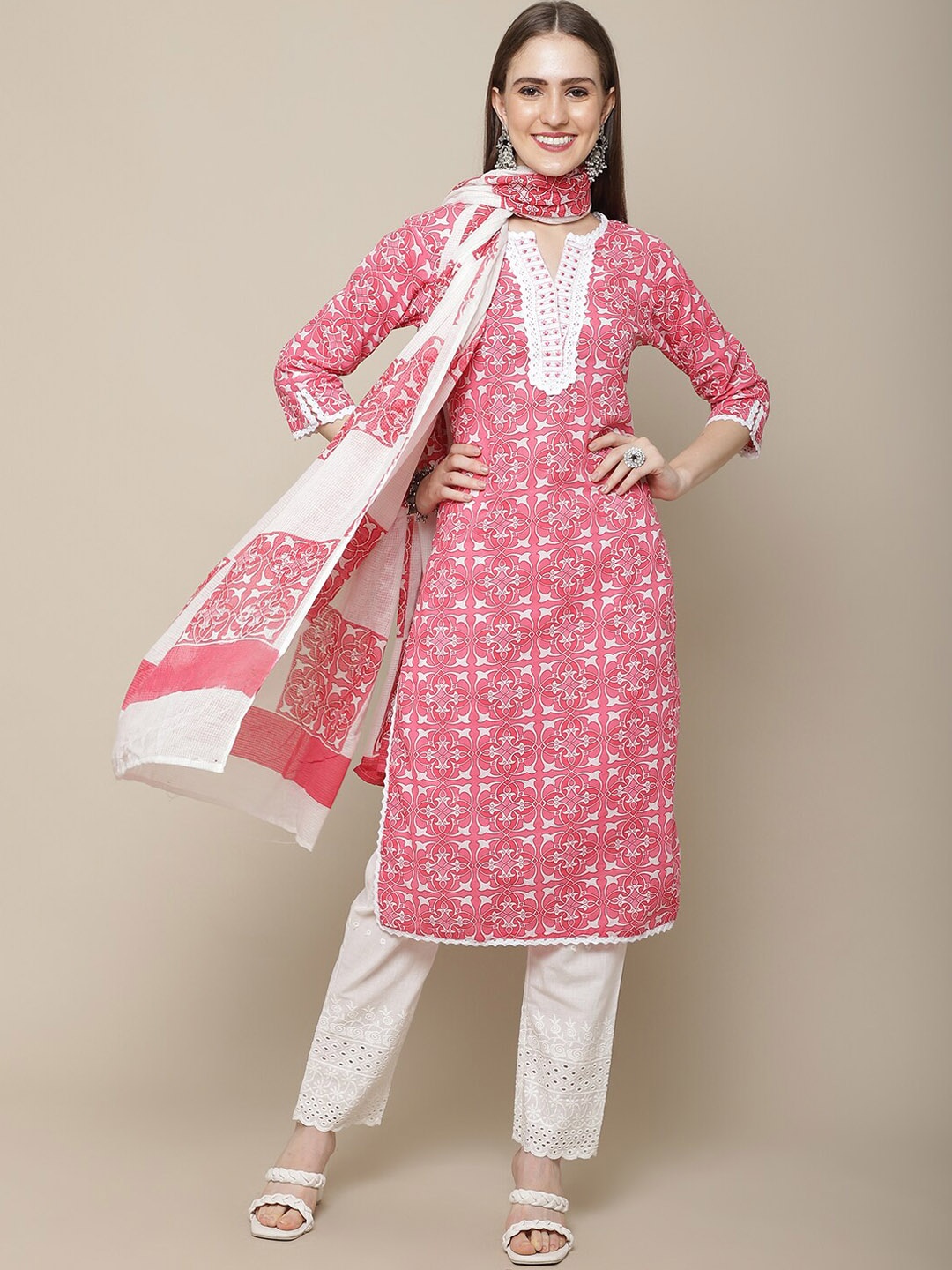 Vastramyaa Printed Thread Work Pure Cotton Kurta with Trousers & With Dupatta, Pink
Vastramyaa Printed Thread Work Pure Cotton Kurta with Trousers & With Dupatta, Pink