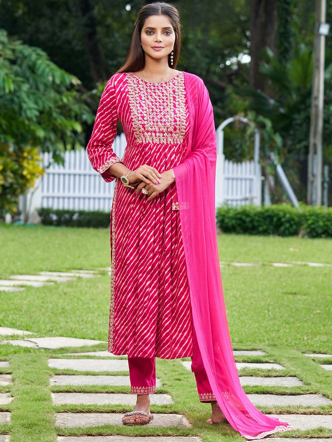 Indo Era Leheriya Printed Thread Work Pleated A-Line Kurta With Trousers & Dupatta, Pink
Indo Era Leheriya Printed Thread Work Pleated A-Line Kurta With Trousers & Dupatta, Pink