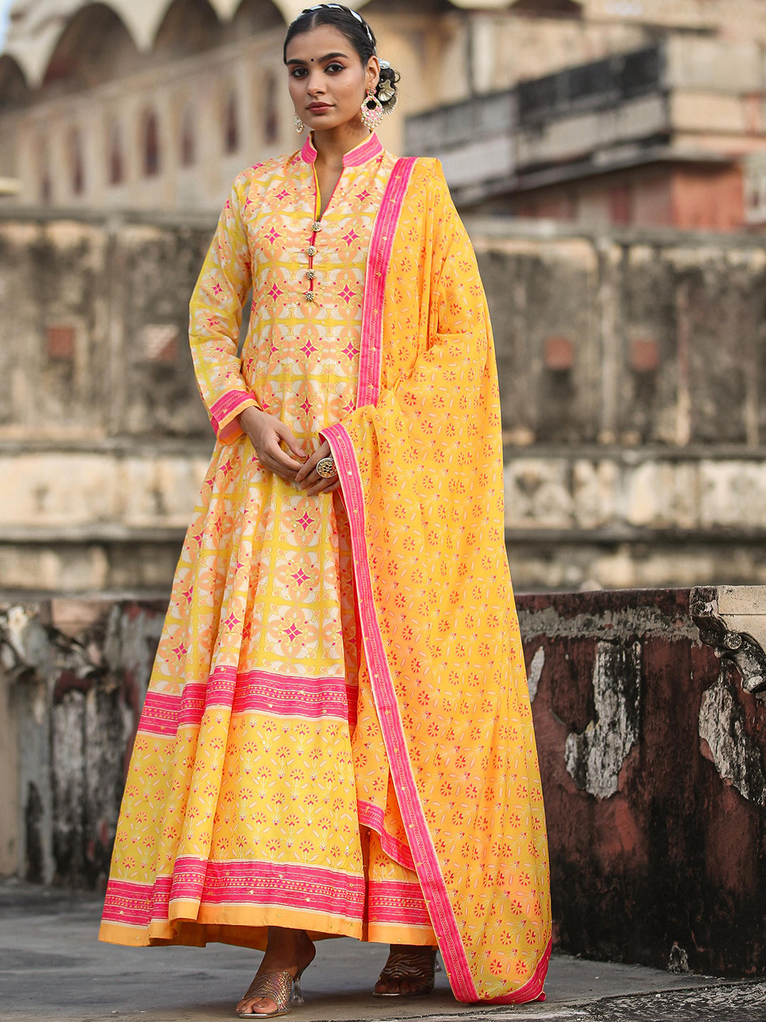 SCAKHI Ethnic Motifs Printed Silk Anarkali Gown With Printed Dupatta, Mustard
SCAKHI Ethnic Motifs Printed Silk Anarkali Gown With Printed Dupatta, Mustard