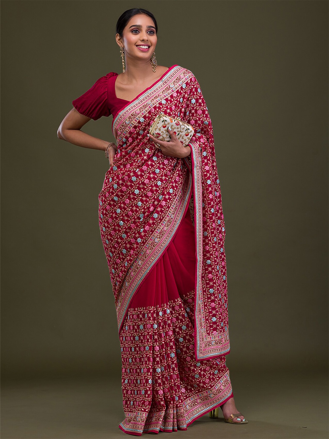 Koskii Floral Embroidered Saree, Pink