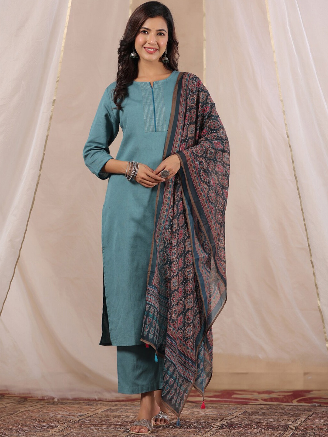 RangDeep Thread Work Detail Pure Cotton Straight Kurta & Trousers With Dupatta, Turquoise blue
RangDeep Thread Work Detail Pure Cotton Straight Kurta & Trousers With Dupatta, Turquoise blue