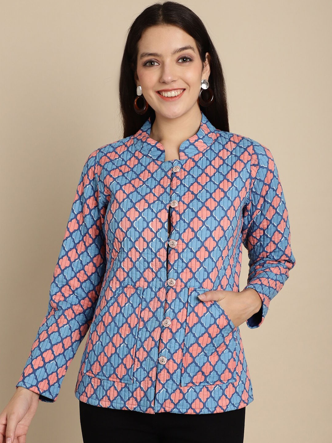KALINI Conversational Printed Mandarin Collar Lightweight Cotton Tailored Jacket, Blue
KALINI Conversational Printed Mandarin Collar Lightweight Cotton Tailored Jacket, Blue