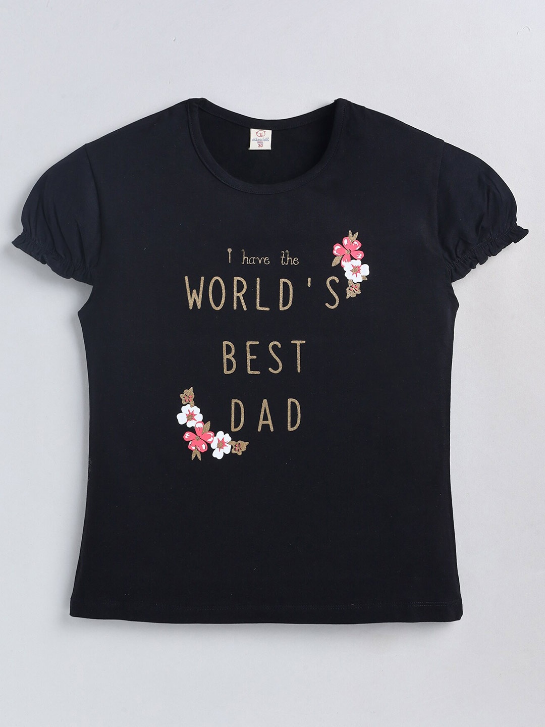 Olio Kids Girls Typography Printed Puff Sleeves Pure Cotton T-shirt, Navy blue