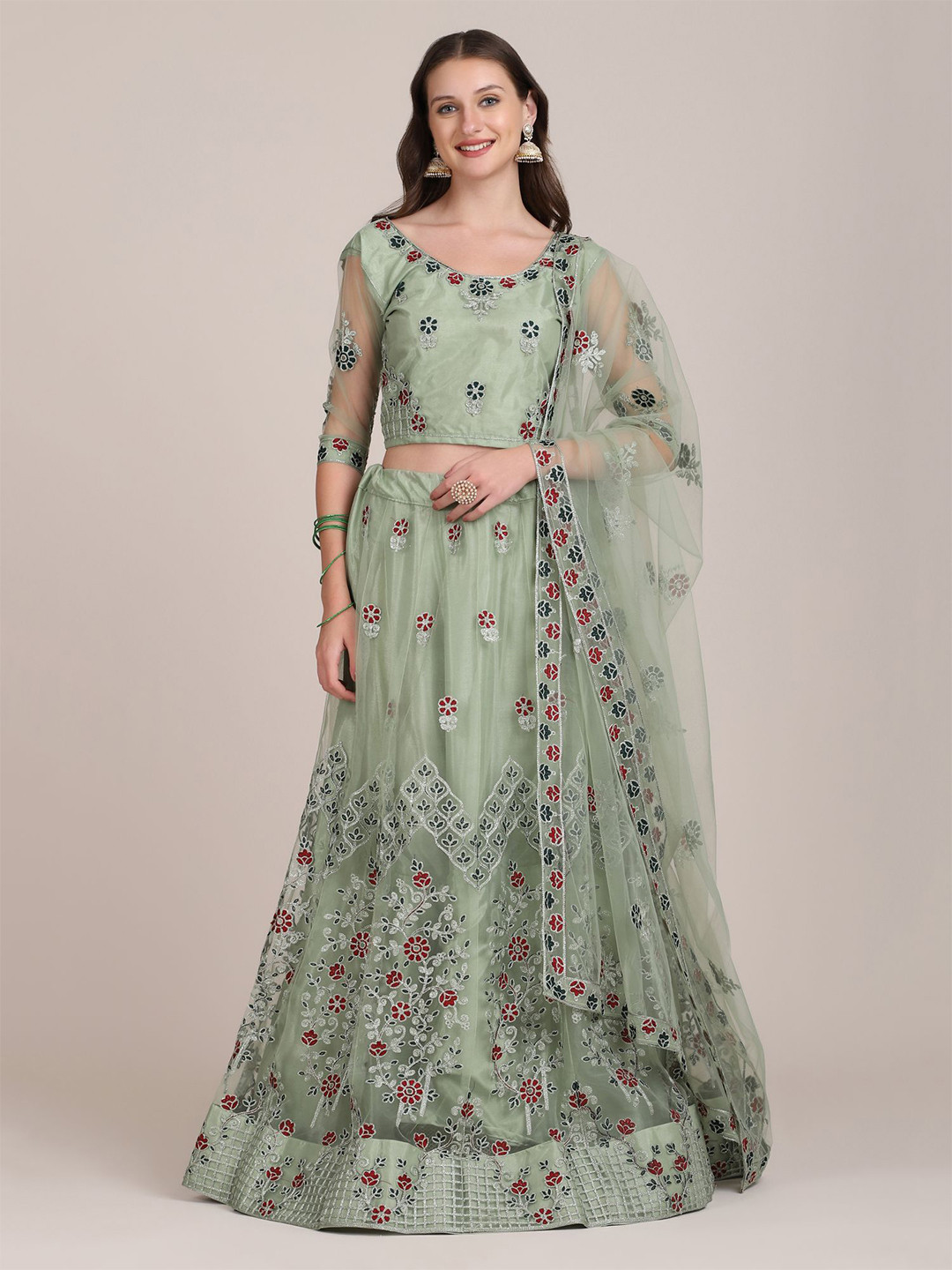 KALINI Embroidered Thread Work Semi-Stitched Lehenga & Unstitched Blouse With Dupatta, Green
KALINI Embroidered Thread Work Semi-Stitched Lehenga & Unstitched Blouse With Dupatta, Green