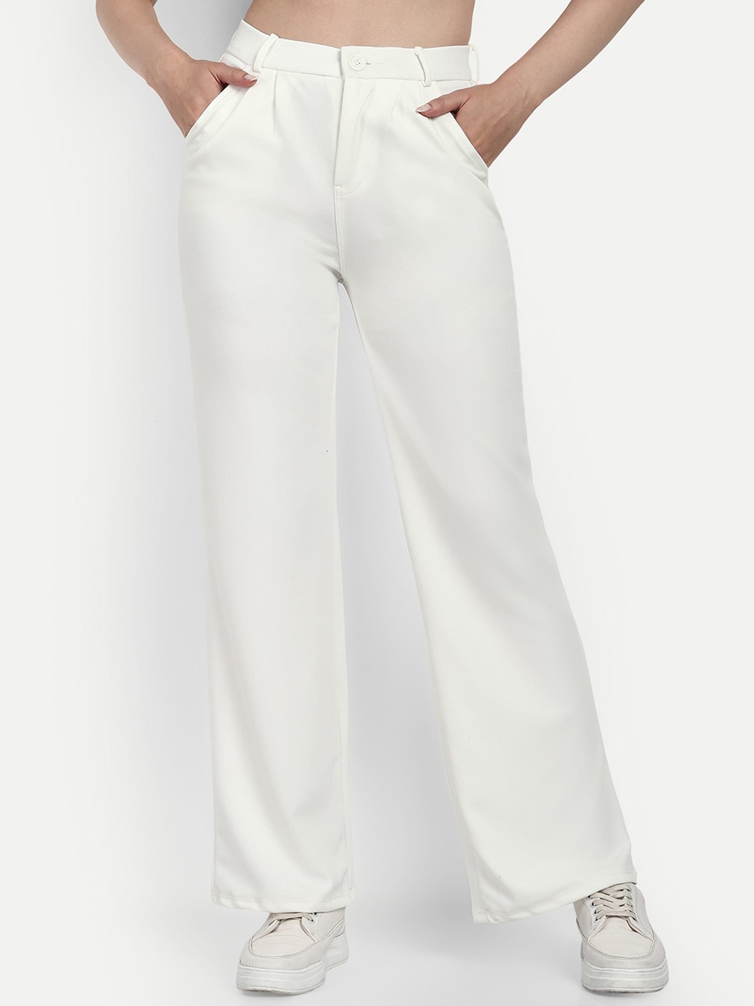 BROADSTAR Women Smart Loose Fit High-Rise Easy Wash Cotton Parallel Trousers, White