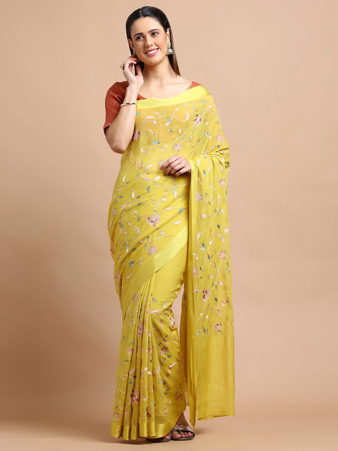 Kalyan Silks Floral Embroidered Pure Georgette Saree, Yellow
