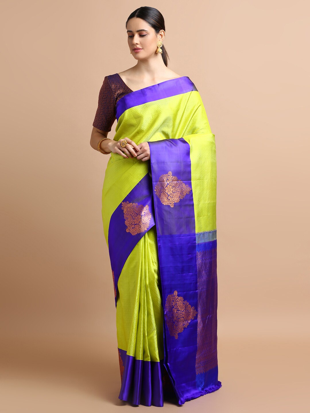 Kalyan Silks Ethnic Motifs Woven Design Zari Pure Silk Kanjeevaram Saree, Lime green
Kalyan Silks Ethnic Motifs Woven Design Zari Pure Silk Kanjeevaram Saree, Lime green